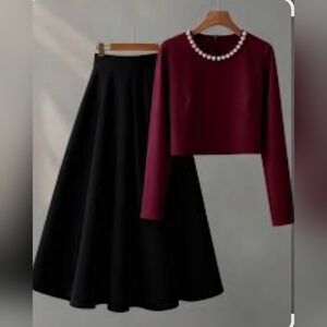 Elegant Wine and Black Skirt Set